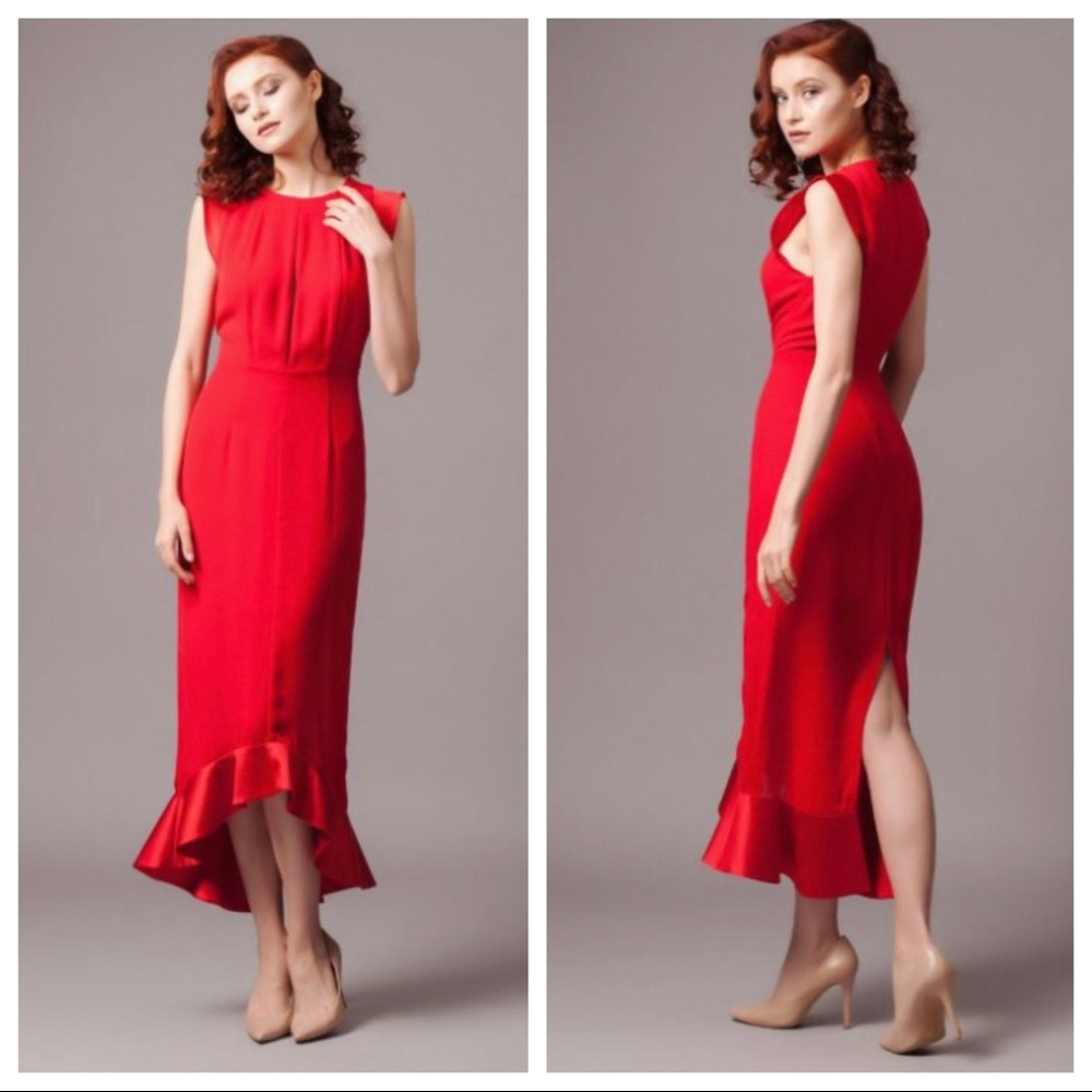 AQ/AQ Pierre Frill Hem Midi Dress Red